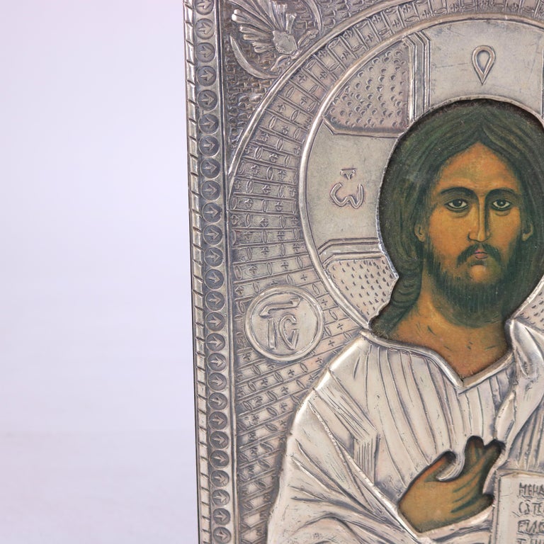 Russian Religious Icon Portrait of Jesus Encased in Sterling Silver 20thC