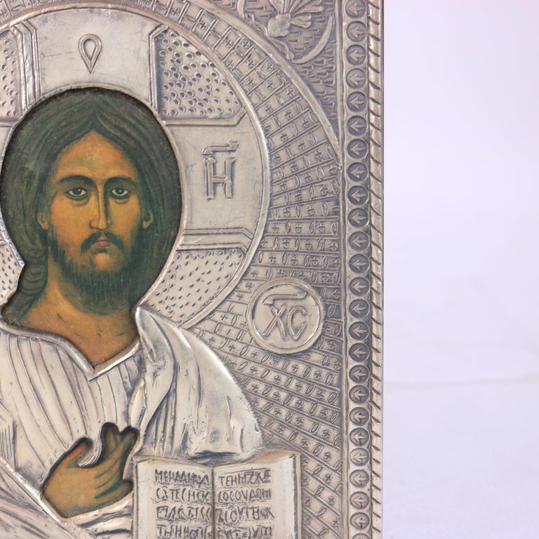 Russian Religious Icon Portrait of Jesus Encased in Sterling Silver 20thC