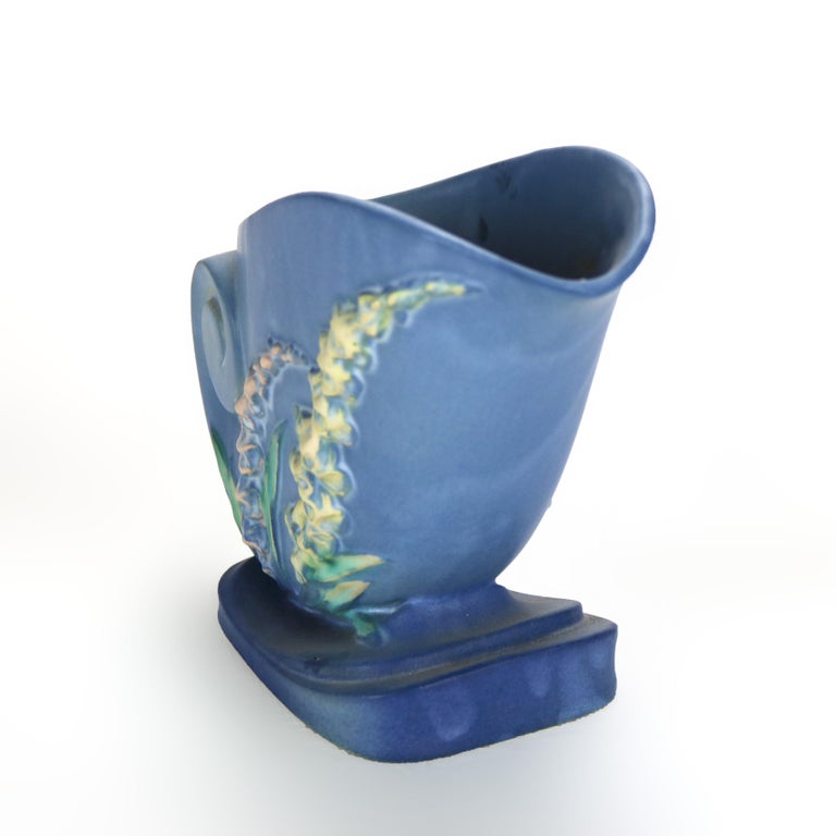 Roseville Art Pottery Blue Cornucopia Vase With Foxglove Pattern Mid 20thC