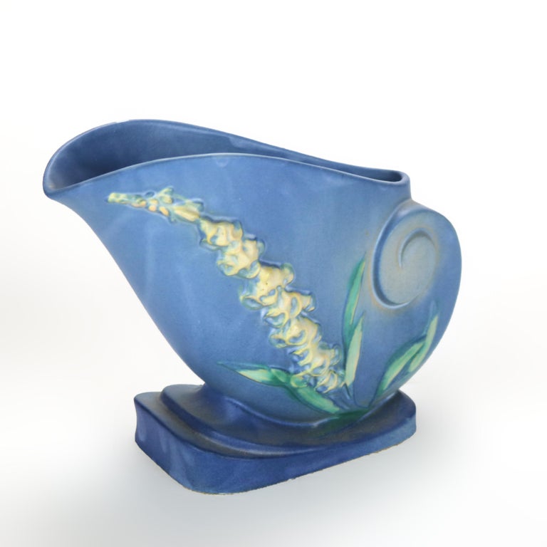 Roseville Art Pottery Blue Cornucopia Vase With Foxglove Pattern Mid 20thC