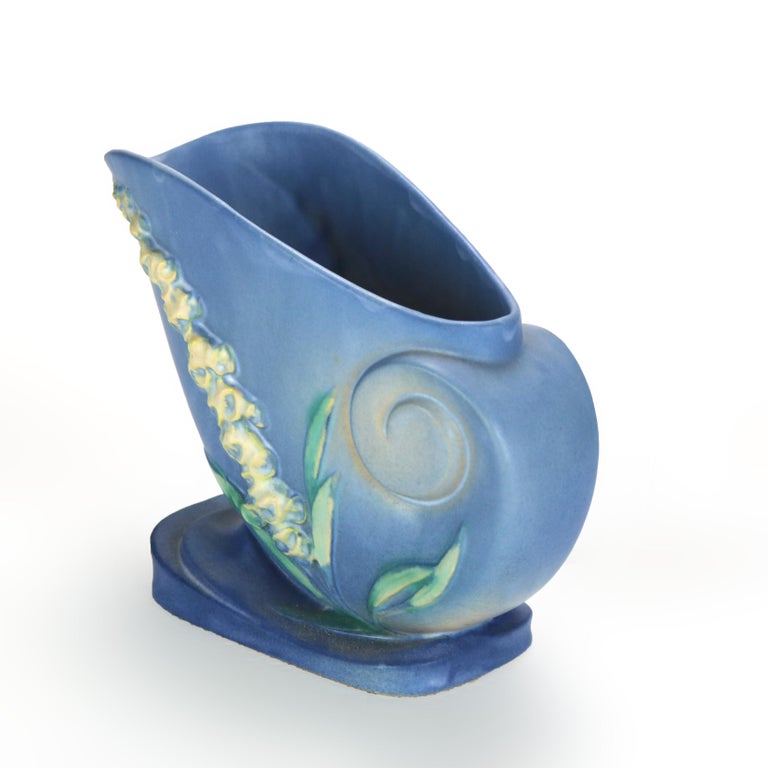 Roseville Art Pottery Blue Cornucopia Vase With Foxglove Pattern Mid 20thC