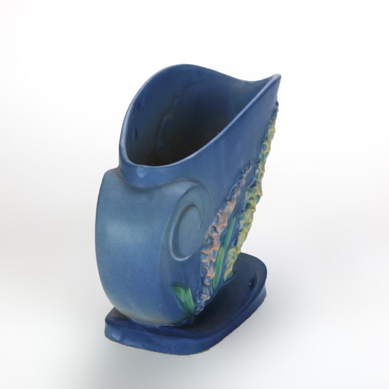 Roseville Art Pottery Blue Cornucopia Vase With Foxglove Pattern Mid 20thC