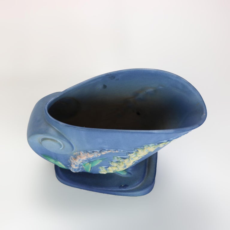 Roseville Art Pottery Blue Cornucopia Vase With Foxglove Pattern Mid 20thC