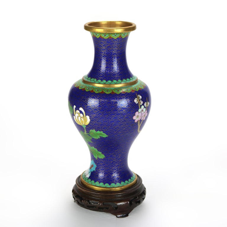 Antique Chinese Cloisonne Enameled Floral Vase with Peony & Wood Base c1930
