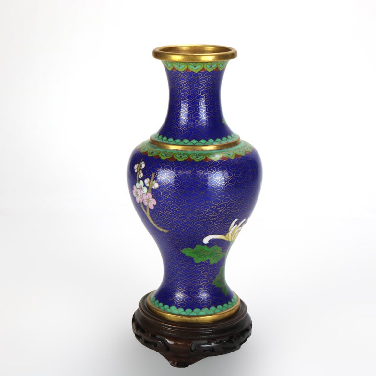 Antique Chinese Cloisonne Enameled Floral Vase with Peony & Wood Base c1930