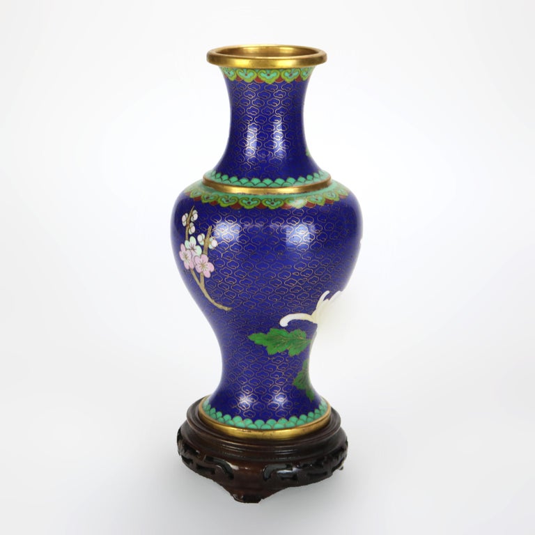 Antique Chinese Cloisonne Enameled Floral Vase with Peony & Wood Base c1930
