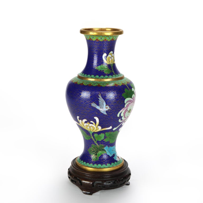 Antique Chinese Cloisonne Enameled Floral Vase with Peony & Wood Base c1930
