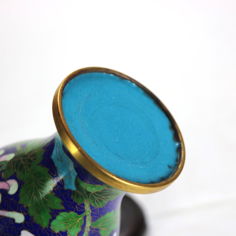 Antique Chinese Cloisonne Enameled Floral Vase with Peony & Wood Base c1930