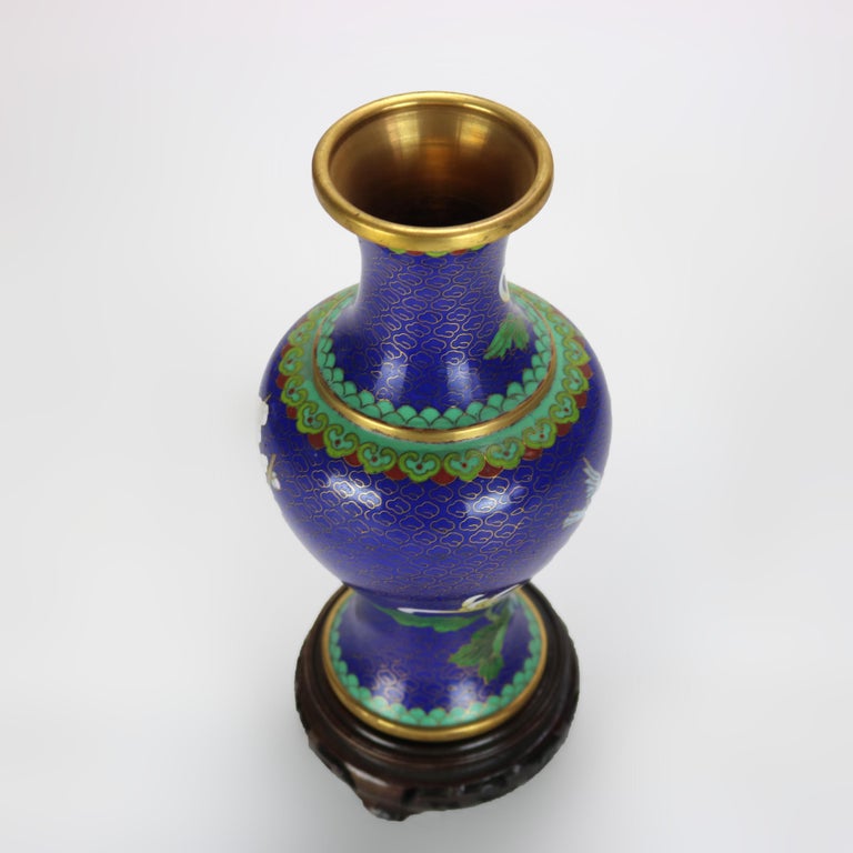 Antique Chinese Cloisonne Enameled Floral Vase with Peony & Wood Base c1930