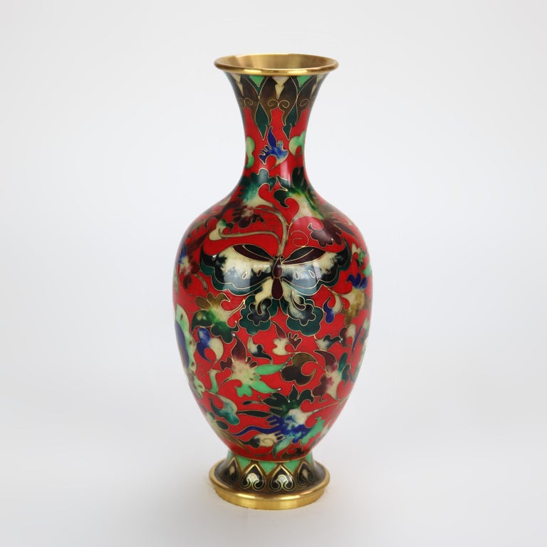 Chinese Cloisonne Enameled Vase with Garden Scene & Butterfly, Signed, 20thC