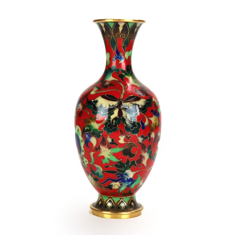 Chinese Cloisonne Enameled Vase with Garden Scene & Butterfly, Signed, 20thC