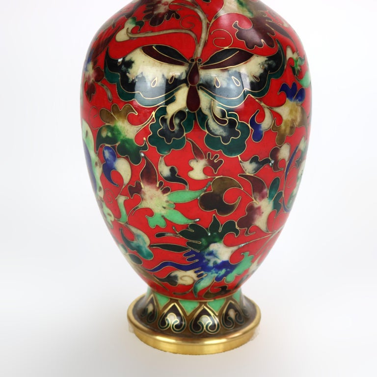 Chinese Cloisonne Enameled Vase with Garden Scene & Butterfly, Signed, 20thC