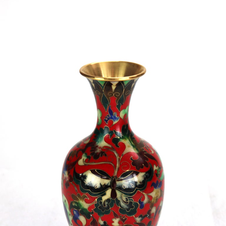 Chinese Cloisonne Enameled Vase with Garden Scene & Butterfly, Signed, 20thC