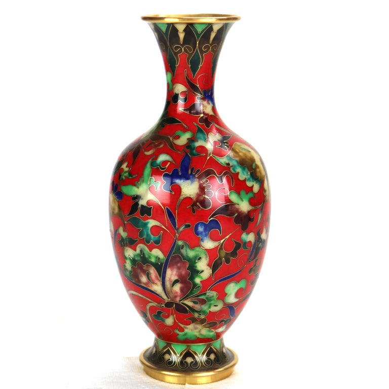Chinese Cloisonne Enameled Vase with Garden Scene & Butterfly, Signed, 20thC