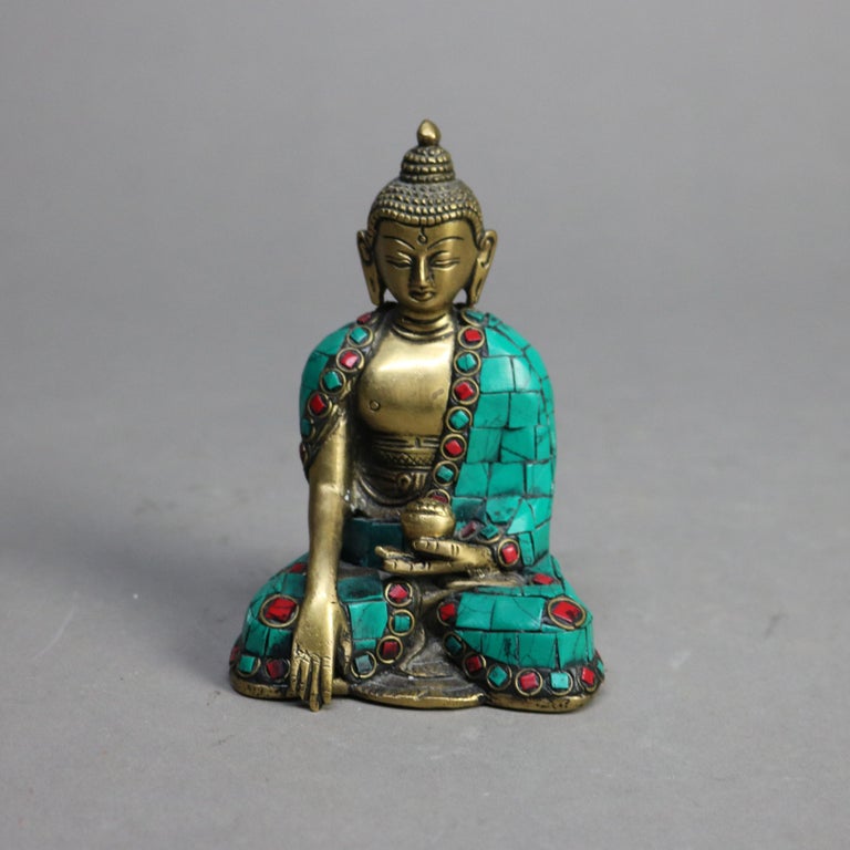 Tibetan Polychromed Bronze Buddhist Deity Statue with Mosaic Pattern 20thC