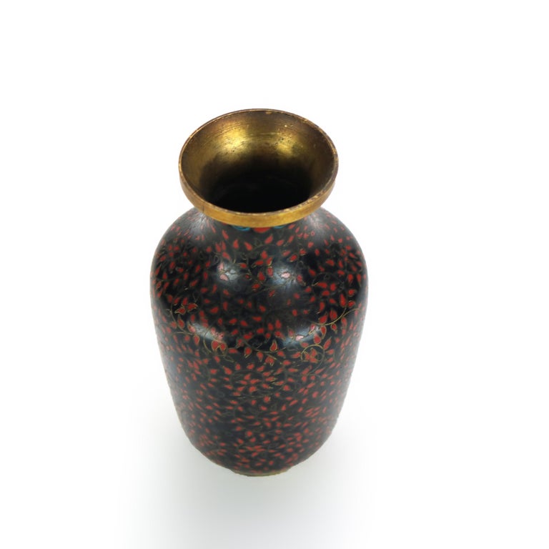 Antique Cloisonne Enameled Cabinet Vase with Flowers, Signed, Early 20thC