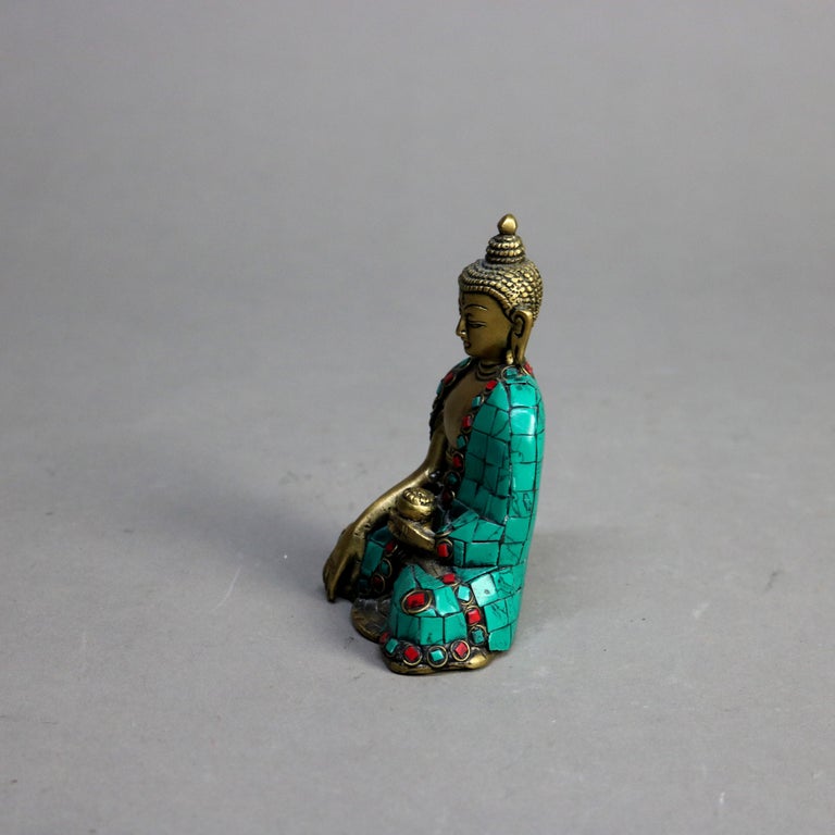 Tibetan Polychromed Bronze Buddhist Deity Statue with Mosaic Pattern 20thC