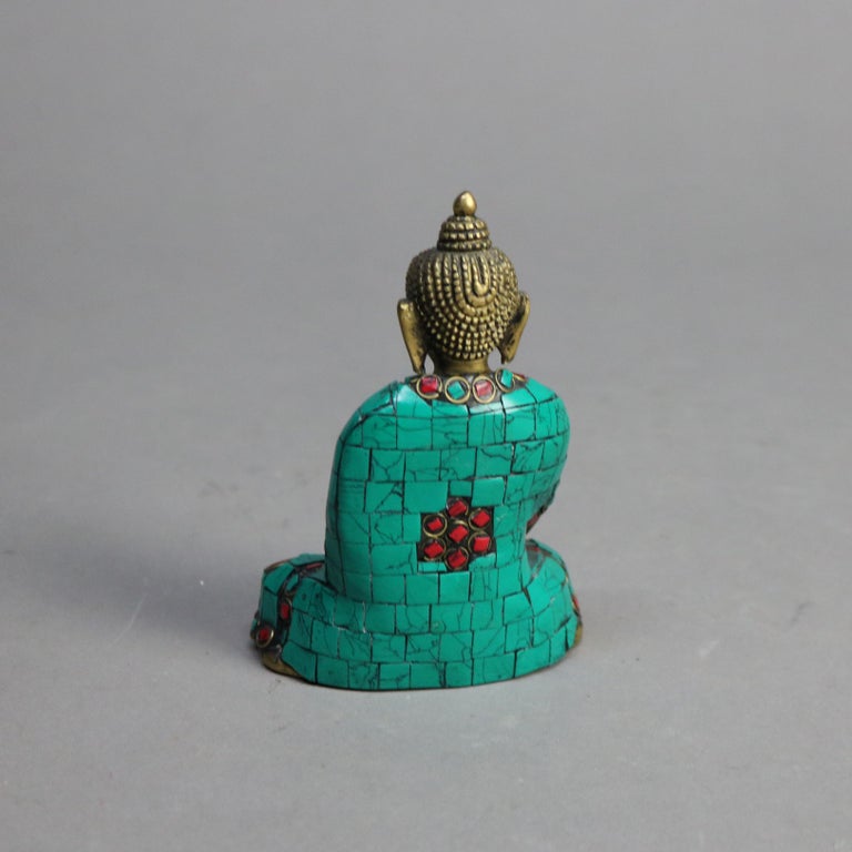 Tibetan Polychromed Bronze Buddhist Deity Statue with Mosaic Pattern 20thC
