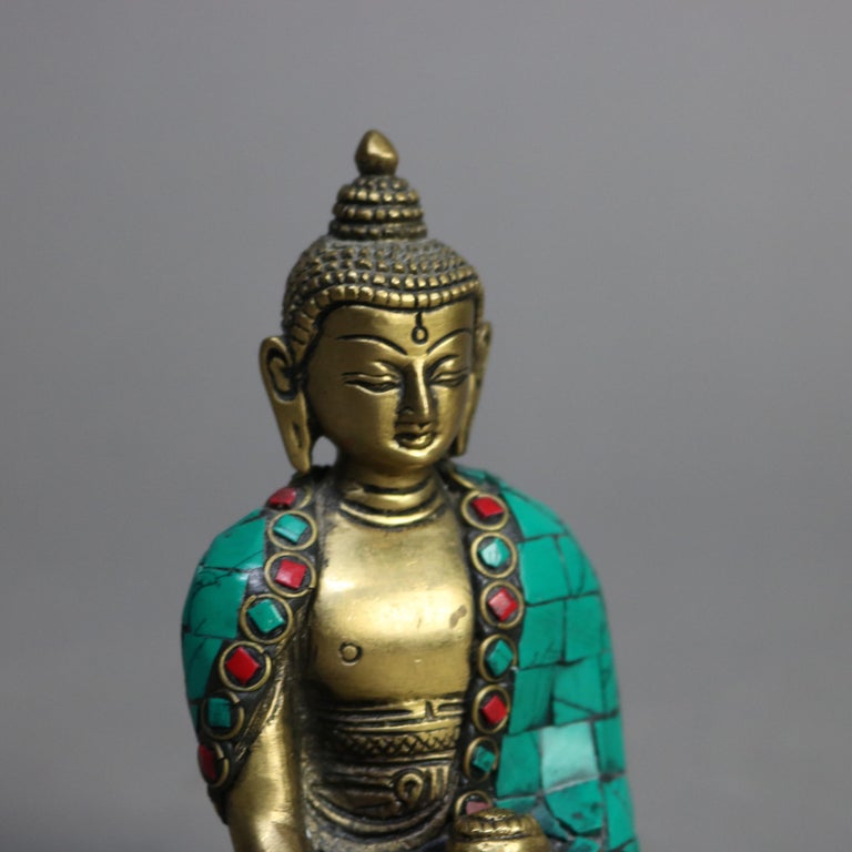 Tibetan Polychromed Bronze Buddhist Deity Statue with Mosaic Pattern 20thC