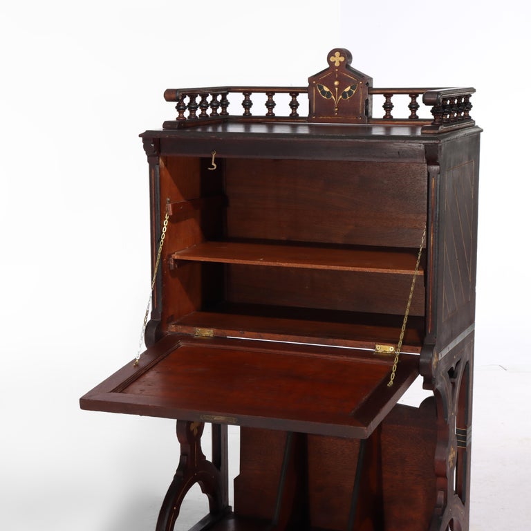 Antique Berkey & Gay Victorian Inlaid Black Walnut & Gilt Drop Front Desk c1890