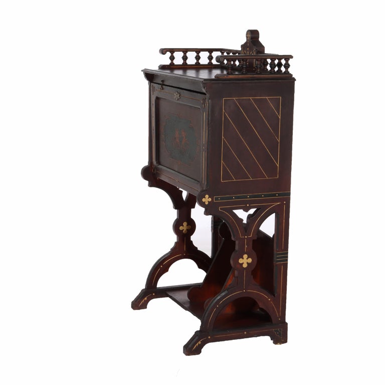 Antique Berkey & Gay Victorian Inlaid Black Walnut & Gilt Drop Front Desk c1890