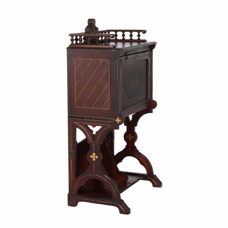 Antique Berkey & Gay Victorian Inlaid Black Walnut & Gilt Drop Front Desk c1890