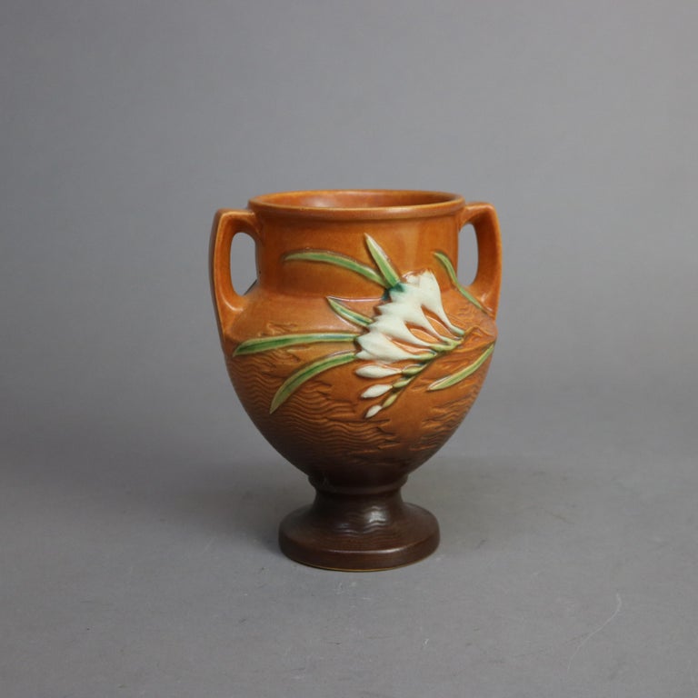 Roseville Art Pottery Brown Vase with Freesia Pattern Mid 20thC