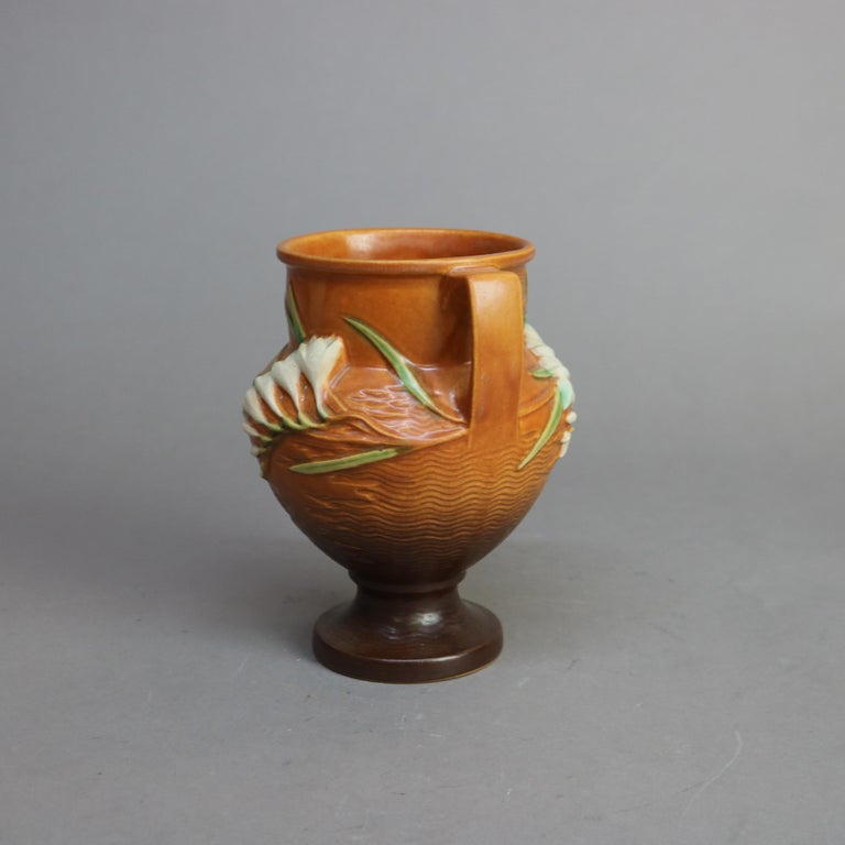 Roseville Art Pottery Brown Vase with Freesia Pattern Mid 20thC