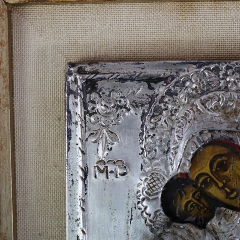 Antique Greek Orthodox Silver Framed Icon with Madonna & Child 19thC
