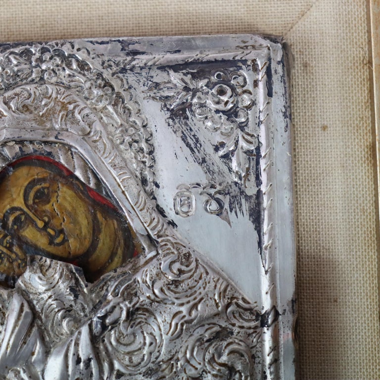 Antique Greek Orthodox Silver Framed Icon with Madonna & Child 19thC