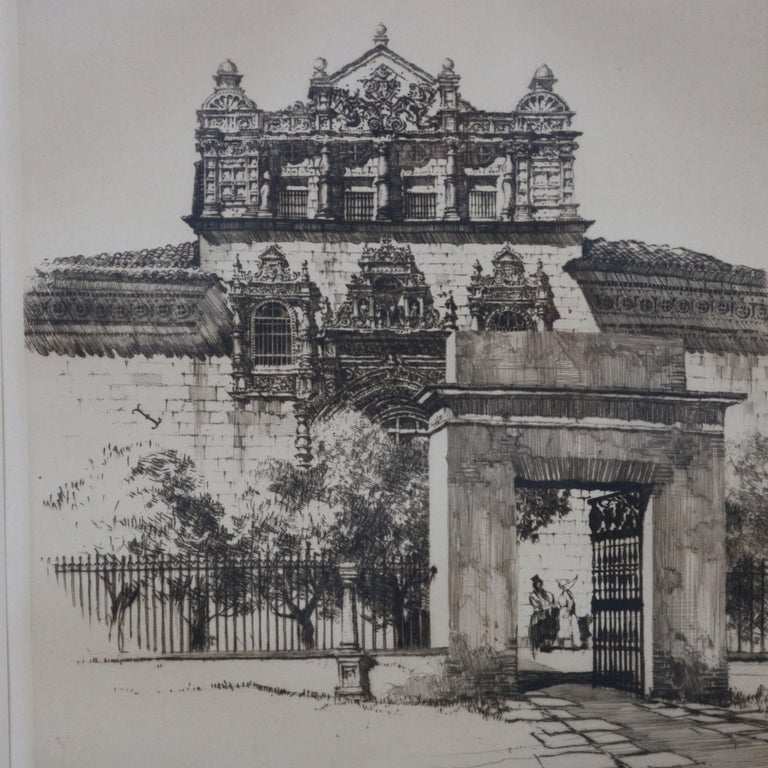 Vintage Signed Etching, the Hospital, Santa Cruz after Samuel Chamberlain