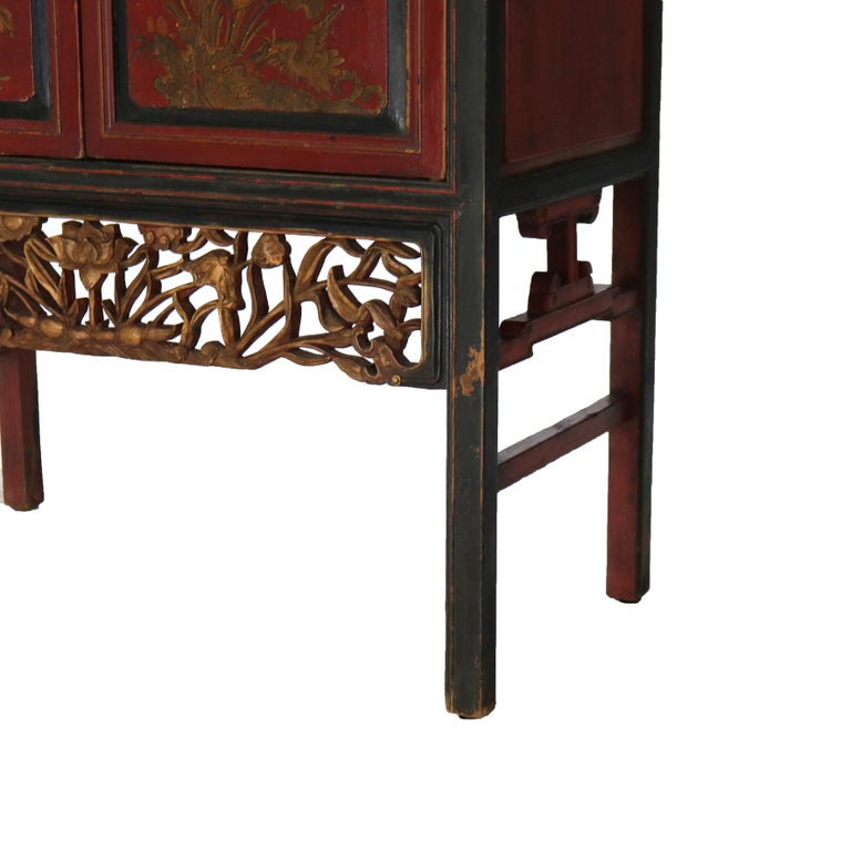 Antique Chinese Gilt Decorated Cinnabar, Ebonized & Floral Carved Wardrobe C1920