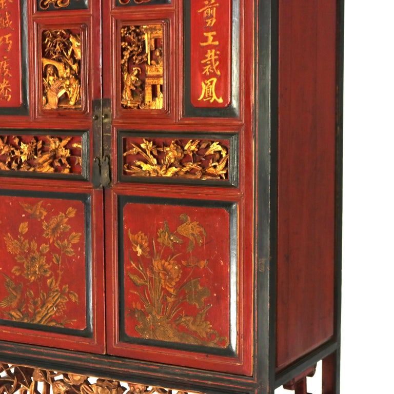 Antique Chinese Gilt Decorated Cinnabar, Ebonized & Floral Carved Wardrobe C1920