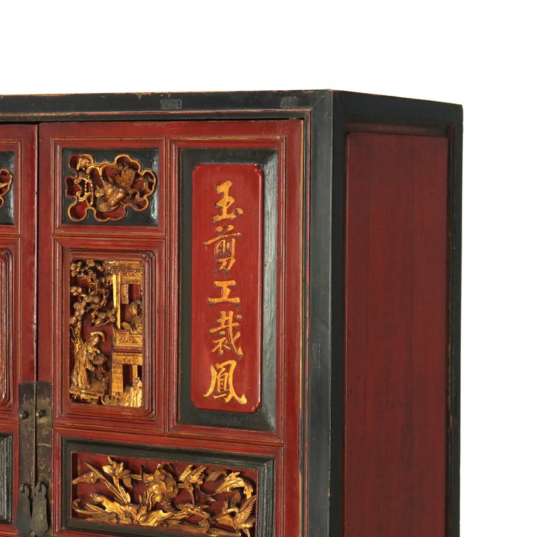 Antique Chinese Gilt Decorated Cinnabar, Ebonized & Floral Carved Wardrobe C1920
