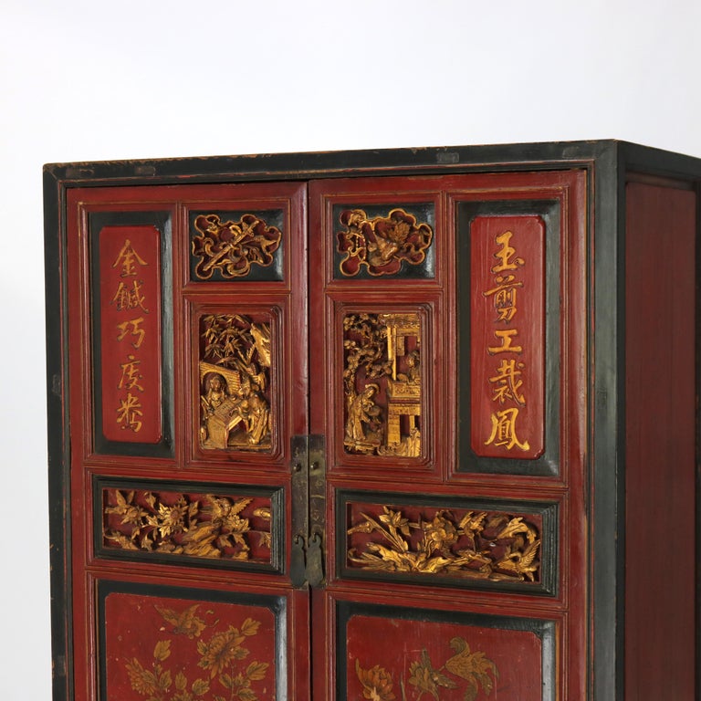 Antique Chinese Gilt Decorated Cinnabar, Ebonized & Floral Carved Wardrobe C1920