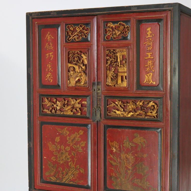 Antique Chinese Gilt Decorated Cinnabar, Ebonized & Floral Carved Wardrobe C1920