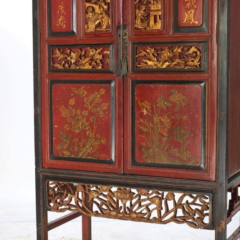 Antique Chinese Gilt Decorated Cinnabar, Ebonized & Floral Carved Wardrobe C1920