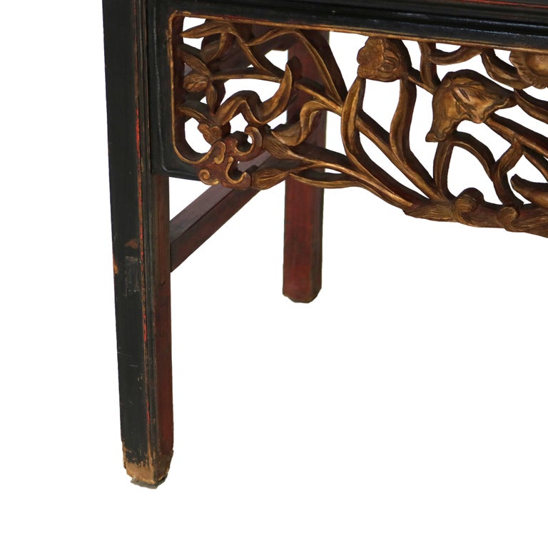 Antique Chinese Gilt Decorated Cinnabar, Ebonized & Floral Carved Wardrobe C1920