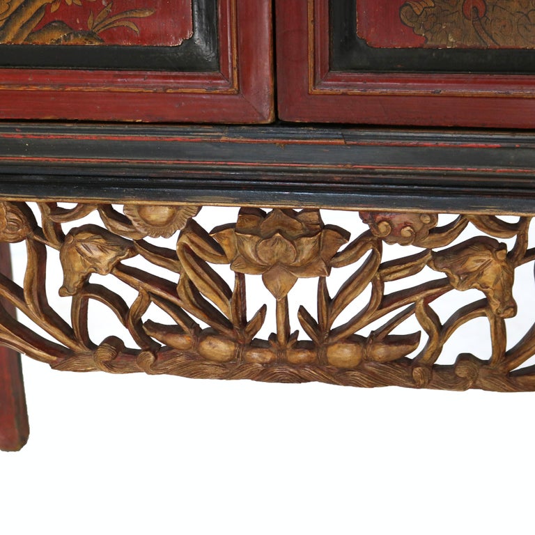 Antique Chinese Gilt Decorated Cinnabar, Ebonized & Floral Carved Wardrobe C1920