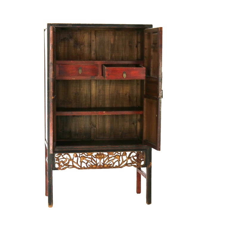 Antique Chinese Gilt Decorated Cinnabar, Ebonized & Floral Carved Wardrobe C1920