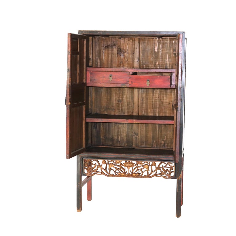 Antique Chinese Gilt Decorated Cinnabar, Ebonized & Floral Carved Wardrobe C1920