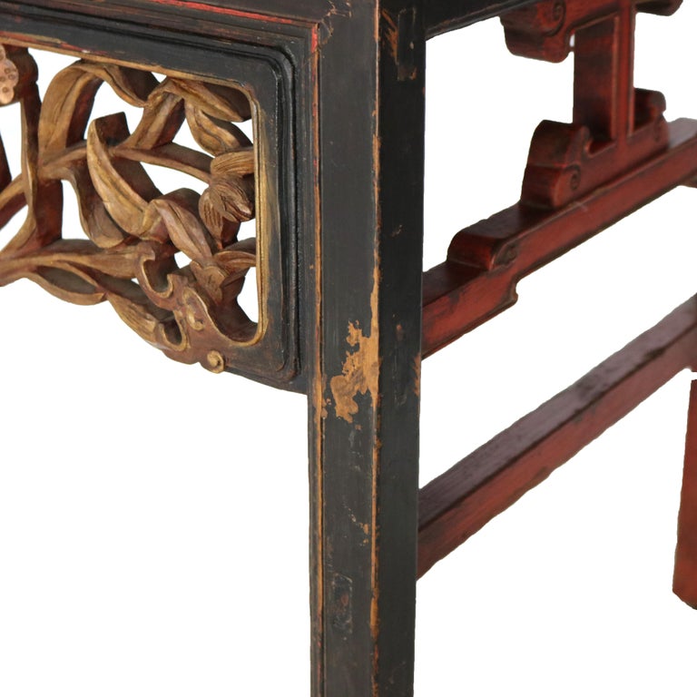 Antique Chinese Gilt Decorated Cinnabar, Ebonized & Floral Carved Wardrobe C1920