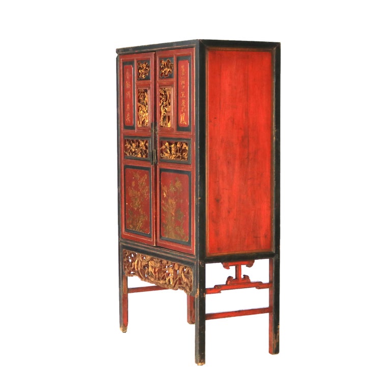 Antique Chinese Gilt Decorated Cinnabar, Ebonized & Floral Carved Wardrobe C1920