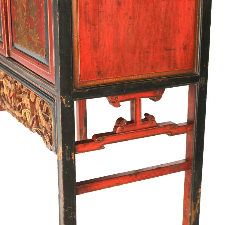 Antique Chinese Gilt Decorated Cinnabar, Ebonized & Floral Carved Wardrobe C1920