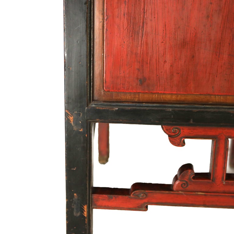 Antique Chinese Gilt Decorated Cinnabar, Ebonized & Floral Carved Wardrobe C1920
