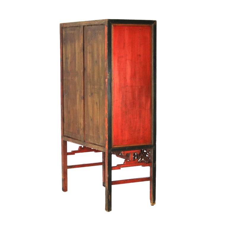 Antique Chinese Gilt Decorated Cinnabar, Ebonized & Floral Carved Wardrobe C1920