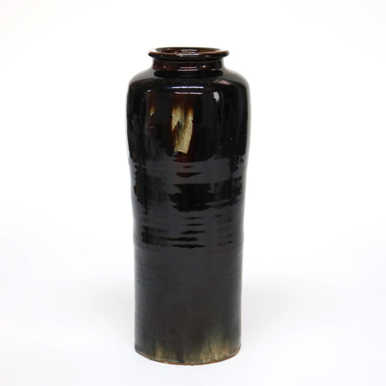 Large Antique Japanese Meiji Tiger’s Eye Glazed Pottery Vase, Signed, C1910