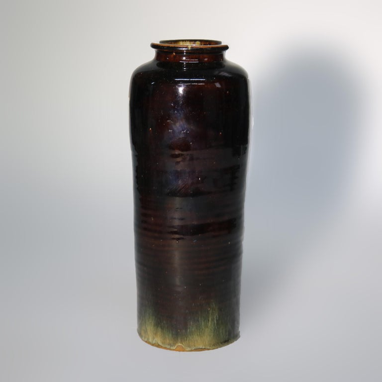 Large Antique Japanese Meiji Tiger’s Eye Glazed Pottery Vase, Signed, C1910