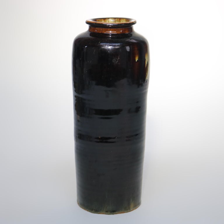Large Antique Japanese Meiji Tiger’s Eye Glazed Pottery Vase, Signed, C1910