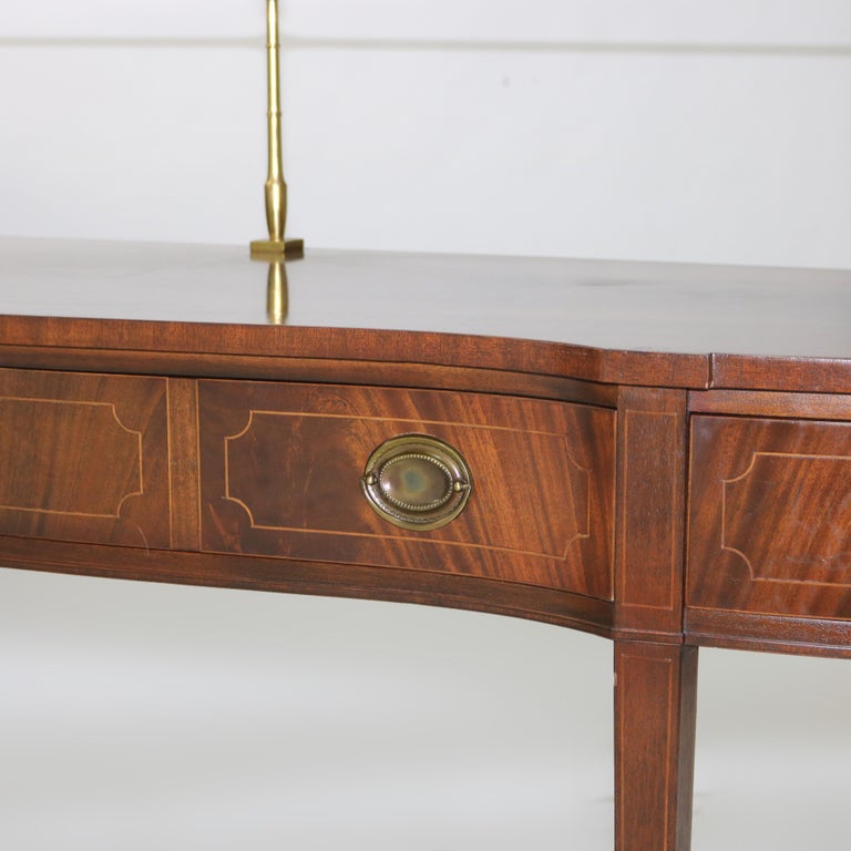 Antique Hepplewhite Style Flame Mahogany Serpentine Sideboard With Brass Rail